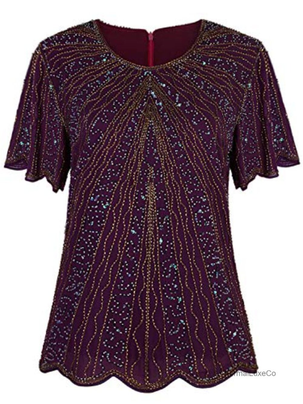 Vintage Sequin Beaded Chiffon Blouse Tunic Great Gatsby Party Top Short Sleeve